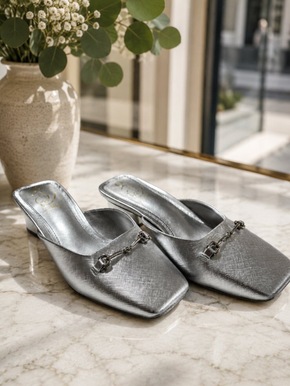 Sam Edelman Silver Metallic Square Toe Mule Heels Horsebit Block Heel Size 7